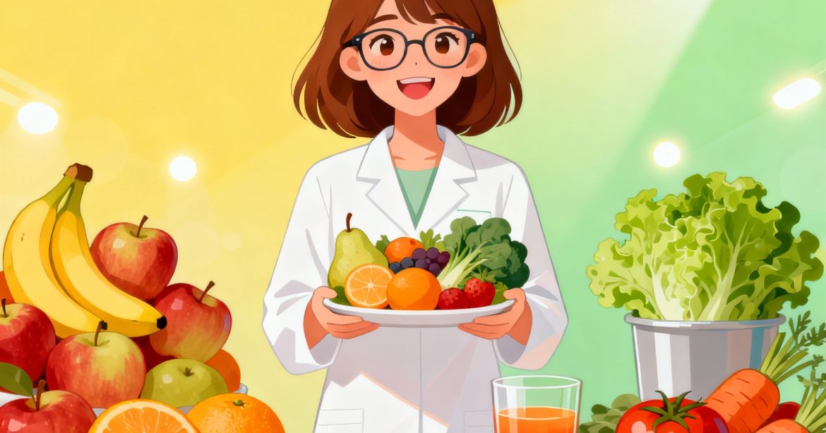 Ilustración profesional de dietista-nutricionista en consulta, rodeada de alimentos saludables como frutas y verduras, destacando el acompañamiento personalizado, la ética y el bienestar integral. Imagen para artículo sobre el Día Mundial del Dietista-Nutricionista en My Personal Diet Consulting.