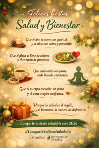 “Comparte tu deseo saludable para 2026” con el hashtag #ComparteTuDeseoSaludable y el logotipo de la marca, cerrando con una sensación de armonía, inspiración y propósito saludable.