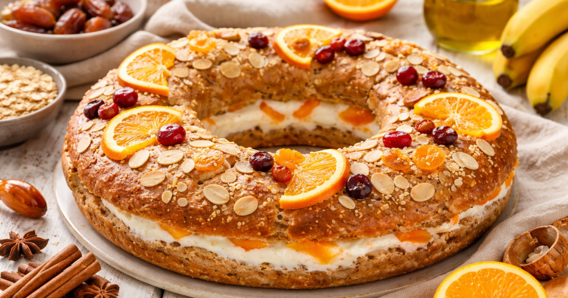 Roscón de Reyes integral con relleno de yogur y mandarina, decorado con almendras laminadas, naranja natural y frutos secos sobre una mesa rústica.