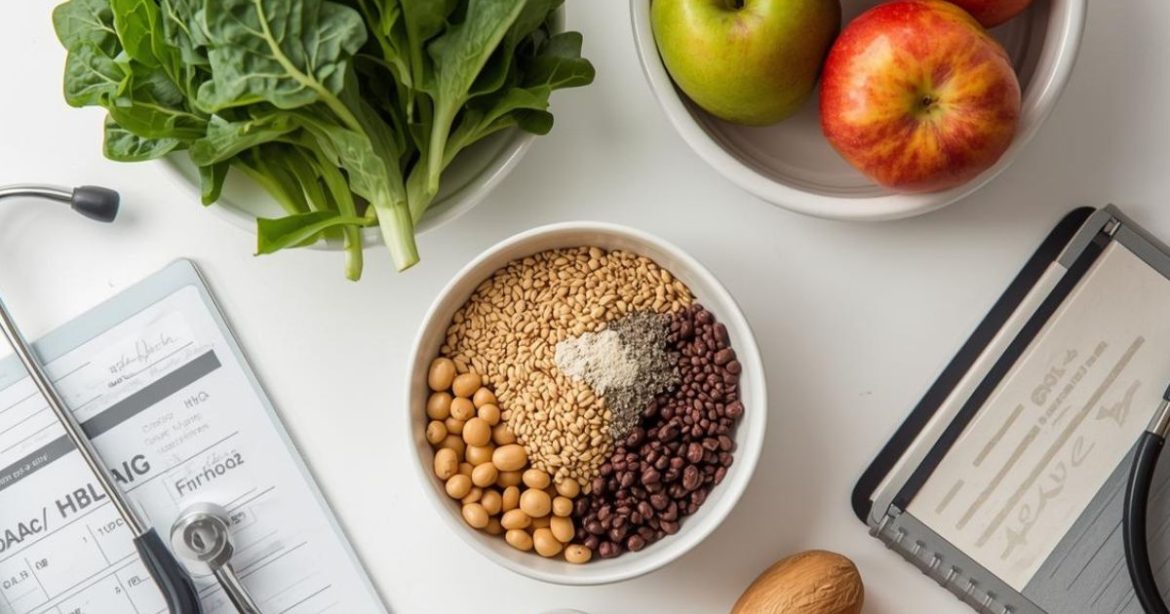 los alimentos ocupan visualmente el centro, y los elementos médicos quedan a los lados, reforzando la idea de “la alimentación como intervención clínica” y no solo como consejo