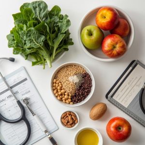  los alimentos ocupan visualmente el centro, y los elementos médicos quedan a los lados, reforzando la idea de “la alimentación como intervención clínica” y no solo como consejo