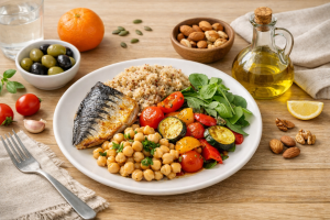 alimentación mediterránea, dieta mediterránea, alimentación saludable, aceite de oliva virgen extra, legumbres, dieta antiinflamatoria, salud cardiovascular, microbiota intestinal, patrón alimentario, nutrición basada en evidencia