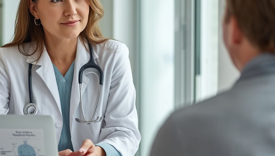 Nutricionista clínica en consulta acogedora con una persona con enfermedad de Parkinson, sentados frente a frente, revisando un plan de alimentación en una mesa con portátil y alimentos saludables, en un entorno luminoso y profesional.