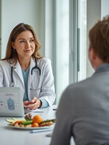 Nutricionista clínica en consulta acogedora con una persona con enfermedad de Parkinson, sentados frente a frente, revisando un plan de alimentación en una mesa con portátil y alimentos saludables, en un entorno luminoso y profesional.