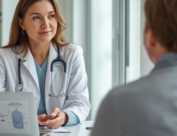 Nutricionista clínica en consulta acogedora con una persona con enfermedad de Parkinson, sentados frente a frente, revisando un plan de alimentación en una mesa con portátil y alimentos saludables, en un entorno luminoso y profesional.