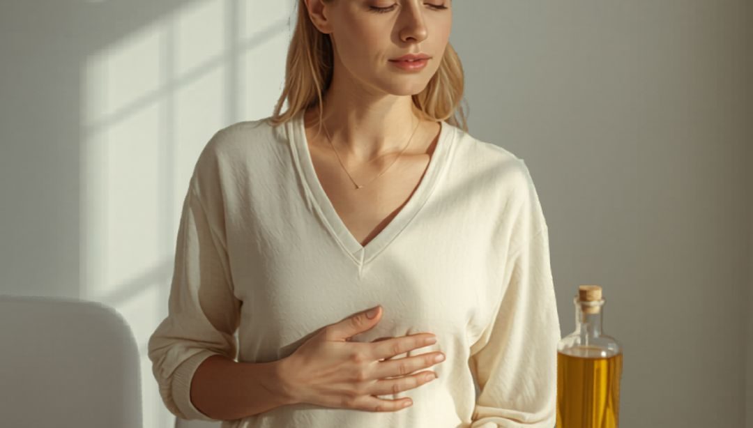 Mujer con mano sobre el abdomen en cocina luminosa, rodeada de alimentos saludables, imagen de bienestar y salud digestiva enfocada en la hinchazón abdominal.