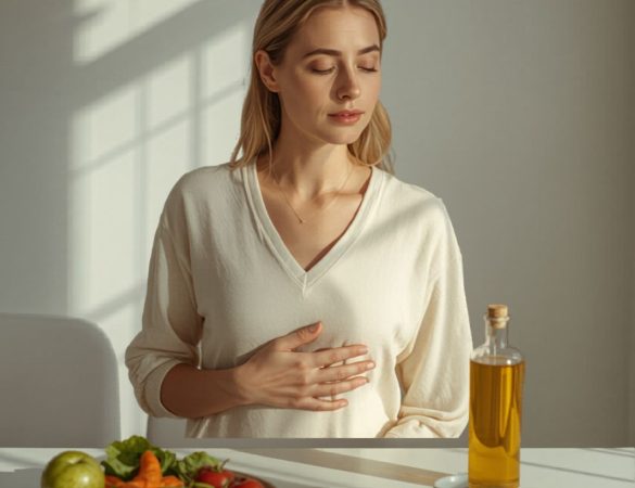 Mujer con mano sobre el abdomen en cocina luminosa, rodeada de alimentos saludables, imagen de bienestar y salud digestiva enfocada en la hinchazón abdominal.