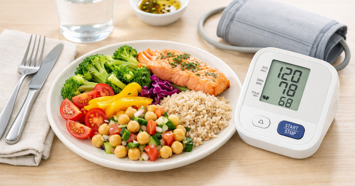 Plato saludable y tensiómetro sobre la mesa para cuidar la hipertensión desde la alimentación”