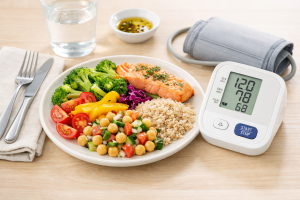 Plato saludable y tensiómetro sobre la mesa para cuidar la hipertensión desde la alimentación”