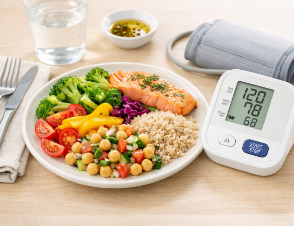 Plato saludable y tensiómetro sobre la mesa para cuidar la hipertensión desde la alimentación”