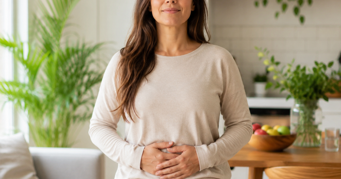 Mujer cuidando su salud digestiva y microbiota intestinal con hábitos saludables