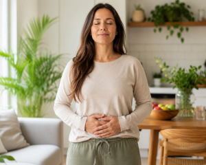 Mujer cuidando su salud digestiva y microbiota intestinal con hábitos saludables