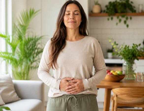 Mujer cuidando su salud digestiva y microbiota intestinal con hábitos saludables