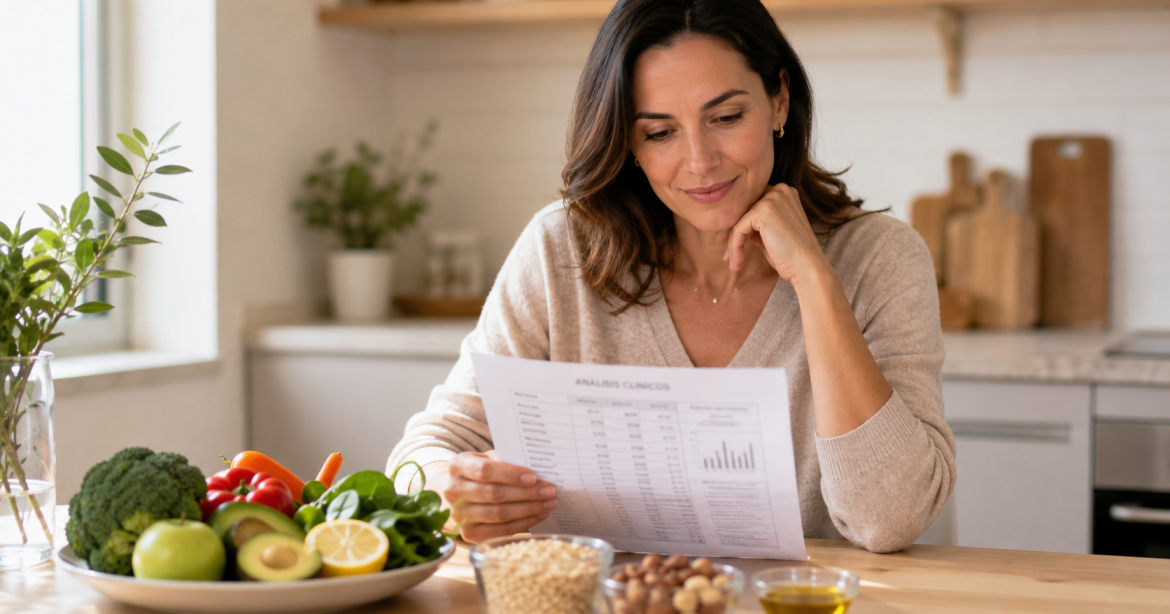 Mujer revisando analítica de colesterol junto a alimentos cardioprotectores sobre la mesa, ilustrando la relación entre colesterol y dieta basada en evidencia.