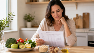 Mujer revisando analítica de colesterol junto a alimentos cardioprotectores sobre la mesa, ilustrando la relación entre colesterol y dieta basada en evidencia.