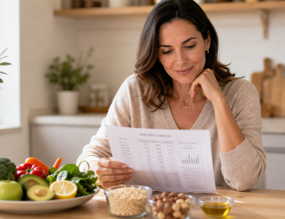 Mujer revisando analítica de colesterol junto a alimentos cardioprotectores sobre la mesa, ilustrando la relación entre colesterol y dieta basada en evidencia.