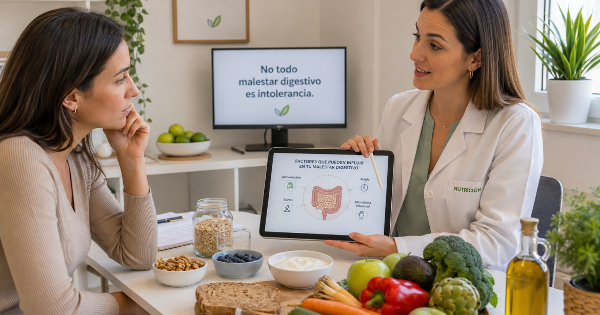 Mujer consultando con nutricionista sobre síntomas digestivos y riesgos del autodiagnóstico