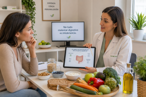 Mujer consultando con nutricionista sobre síntomas digestivos y riesgos del autodiagnóstico