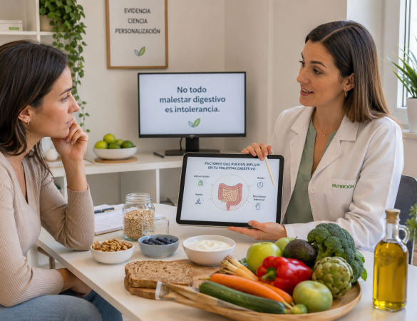 Mujer consultando con nutricionista sobre síntomas digestivos y riesgos del autodiagnóstico