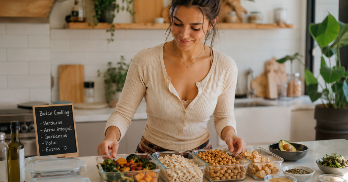 planificación de comidas flexible con alimentos saludables organizados en cocina