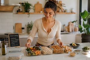 planificación de comidas flexible con alimentos saludables organizados en cocina