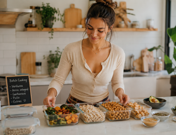 planificación de comidas flexible con alimentos saludables organizados en cocina