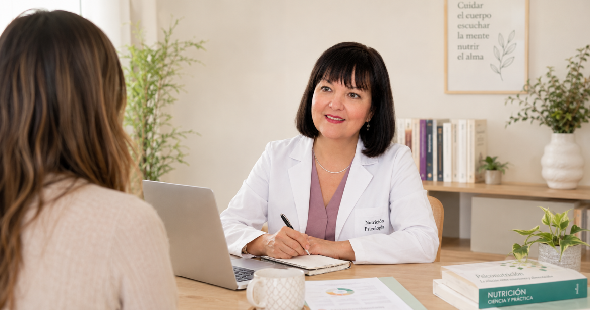Maria Elvira Sánchez Vilariño, nutricionista clínica, acompañando a una paciente más allá de la báscula en consulta profesional