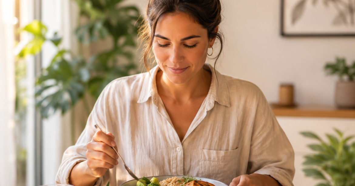 Persona practicando alimentación consciente, observando su plato con calma para regular la ansiedad