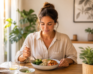 Persona practicando alimentación consciente, observando su plato con calma para regular la ansiedad