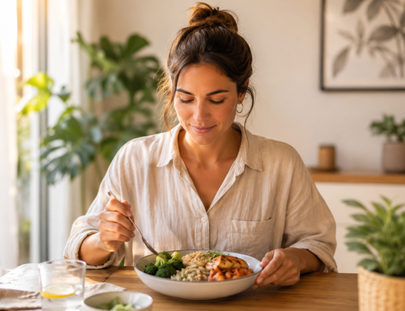 Persona practicando alimentación consciente, observando su plato con calma para regular la ansiedad