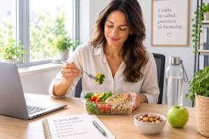 Persona con diabetes tipo 2 organizando una comida saludable en la oficina