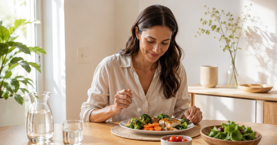 persona practicando alimentación consciente comiendo sin distracciones en un ambiente relajado