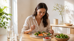 persona practicando alimentación consciente comiendo sin distracciones en un ambiente relajado