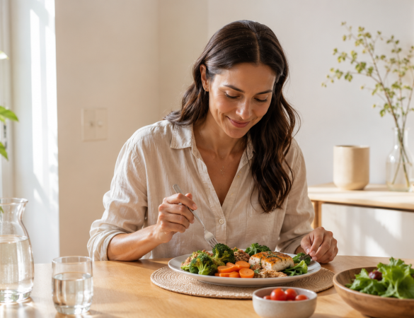 persona practicando alimentación consciente comiendo sin distracciones en un ambiente relajado
