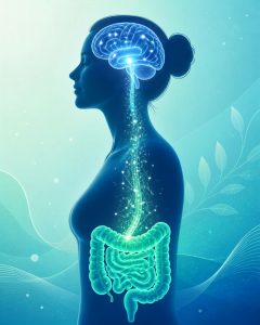 Ilustración de la conexión entre intestino y cerebro que representa la relación entre microbiota y salud mental