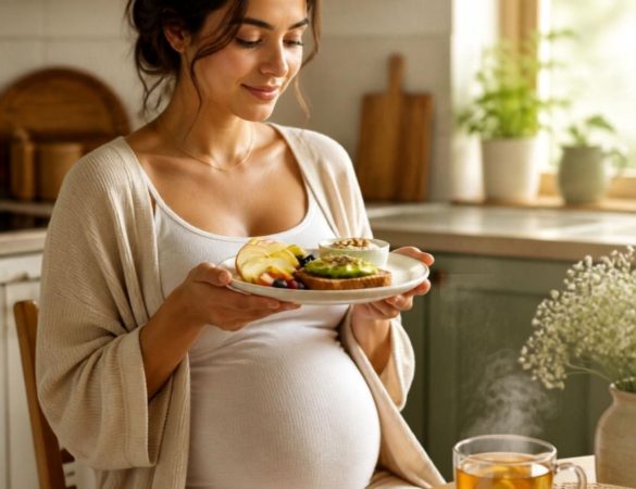 Mujer embarazada comiendo alimentos suaves para aliviar náuseas en casa