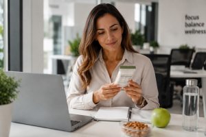 persona leyendo etiqueta nutricional de snack saludable en oficina