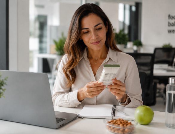 persona leyendo etiqueta nutricional de snack saludable en oficina