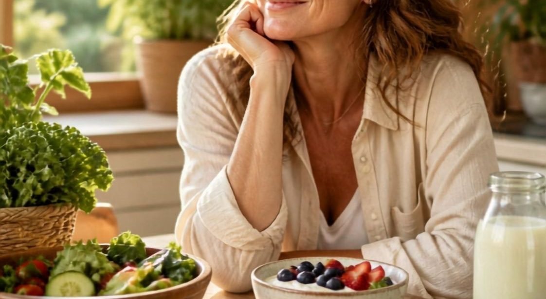 Mujer en menopausia cuidando su microbiota con alimentación saludable