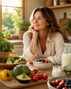 Mujer en menopausia cuidando su microbiota con alimentación saludable