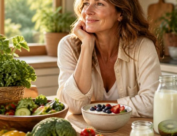 Mujer en menopausia cuidando su microbiota con alimentación saludable