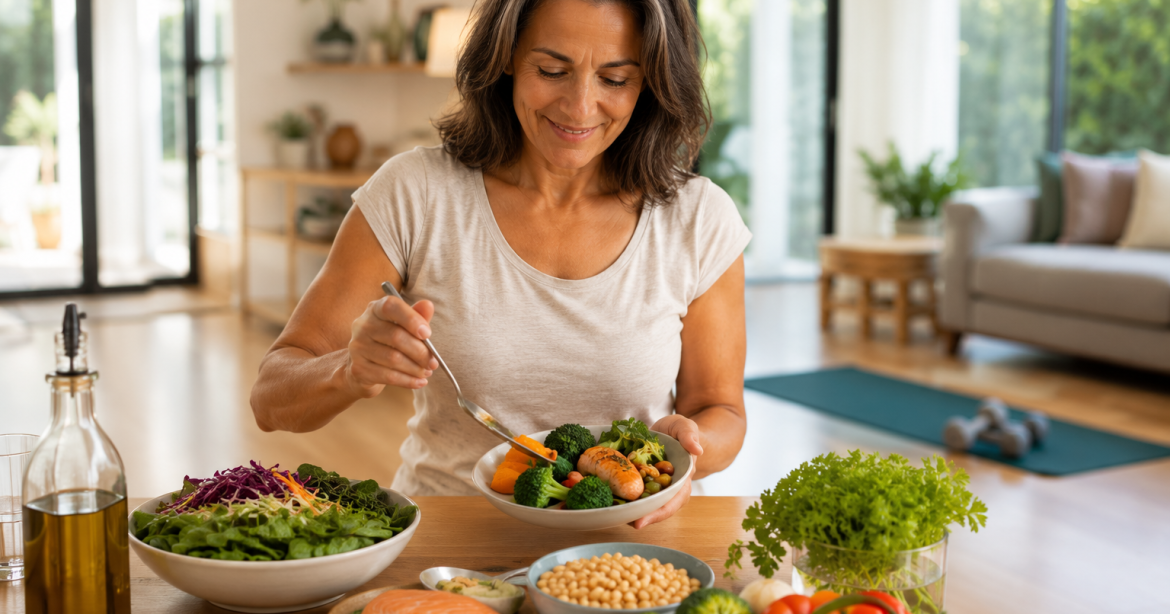 persona practicando alimentación consciente comiendo sin distracciones en un ambiente relajado