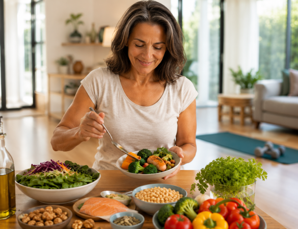 persona practicando alimentación consciente comiendo sin distracciones en un ambiente relajado