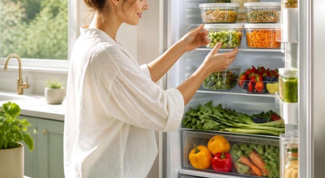 Mujer organizando alimentos frescos en la nevera en verano siguiendo normas de seguridad alimentaria
