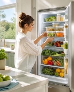 Mujer organizando alimentos frescos en la nevera en verano siguiendo normas de seguridad alimentaria