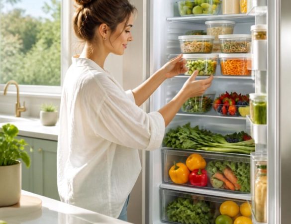 Mujer organizando alimentos frescos en la nevera en verano siguiendo normas de seguridad alimentaria