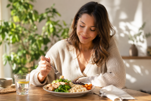 Mujer relajada comiendo de forma consciente, simbolizando nutrición emocional sin dietas estrictas ni culpa