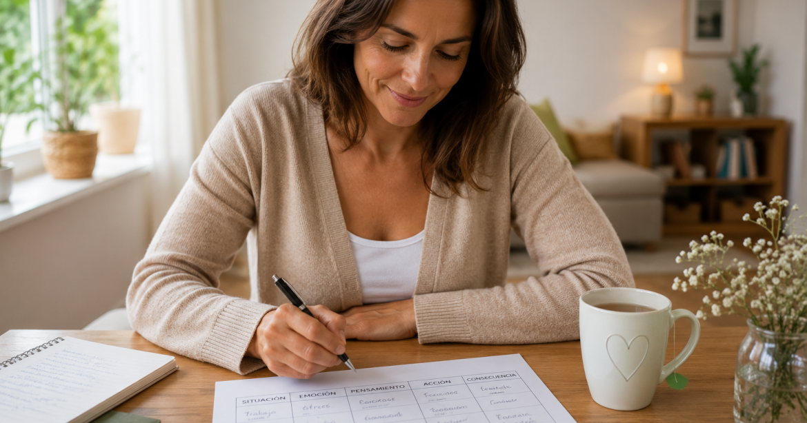 persona rellenando una tabla de registro de comer emocional con cinco pasos para entender su relación con la comida
