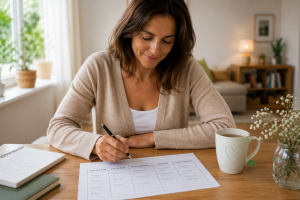 persona rellenando una tabla de registro de comer emocional con cinco pasos para entender su relación con la comida