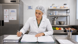 nutricionista clínica revisando protocolos de seguridad alimentaria que protegen la salud física y emocional de las personas
